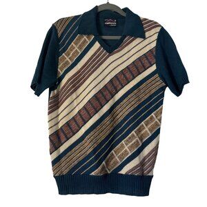 Vintage Dimension by Milford Mens Teal Brown Knit Sweater SS Polo Top USA Size M